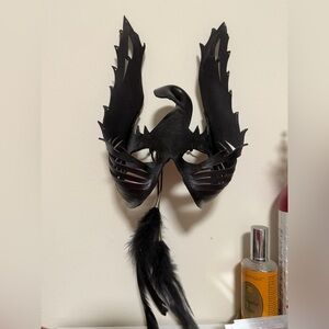 Artisan Black Italian Leather Feathered Black Swan Masquerade Mask